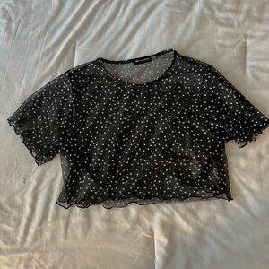 PrettyLittleThing Black Polkadot Hem Mesh Crop Top